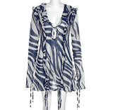 Shopmocho Yiiciovy Women's Sexy Blue Striped See-through Bikini Cover-Ups Lace Up V-neck Beachwear Bathing Dress Cover-Ups Swimwears 2025