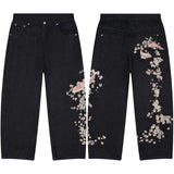 SHOPMOCHO American New Style Loose Jeans Men Women Gothic Punk Carp Cherry Blossom Embroidery Casual Straight Wide Leg Jeans Streetwear