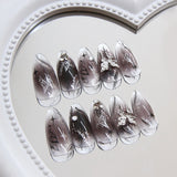 Shopmocho 24PCS Long Press On NailsStiletto Black Silver Bowknot Dissymmetry Fake Nails Powder Full Cover Fake Nail Set Nails Art