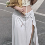 SHOPMOCHO-y2k Long Skirt Women Summer Clothes Solid Color Ruched Waist Side Split Skirt Skirt Evening Party Skirts Streetwear