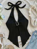 SHOPMOCHO Sexy V-neck Halter Neck Crop Top for Women Summer Sleeveless Solid Split Backless Top Y2K Clothes