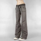SHOPMOCHO Retro Lace-up Low Rise Pants Streetwear Patchwork Loose Casual  for Women Harajuku Straight Trousers Korean Fashion