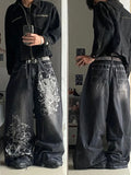 SHOPMOCHO American Fashion Printing Jeans Hip Hop Baggy Cross-legged Jeans Grey Wash Straight Mop Pants Men and Women