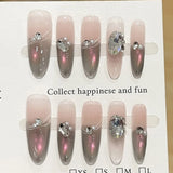 SHOPMOCHO Sweet Lovely Cartoon Bear Long Coffin Stiletto Fake Nails Bowknot Pearl Diamond Flowers Cat Eyes Wearable Fake Nails