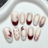 SHOPMOCHO 10pcs Purple Cat's Eye Handmade Fake Nails Tips Glitter Mid-length Oval Press on Nails Art Bow Rhinestone Design False Nail Sets