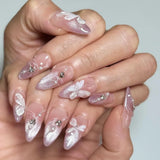 SHOPMOCHO Red Y2K Wearable Nail Art Chic Silver Butterfly Love Metal Bead Almond False Nails Detachable Finished Fake Nails Press on Nails