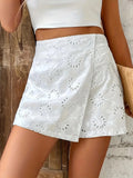 Shopmocho Plus size ladies elegant white shorts flared hem non-elastic culottes hand washable four seasons casual wear lace texture