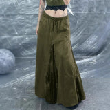 SHOPMOCHO--Low Waist A- Line Skirt Vintage Green Lace Patchwork Floor Length Heavy Zipper Half Body Skirt Romantic Green Wilderness Fairy T