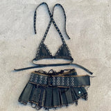 SHOPMOCHO Hip-hop New Fashion Neck Halter Mini Skirt Two-piece Set American Retro High Street Trend Y2K Pleated Skirt Harajuku Women Suit