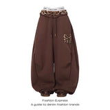 SHOPMOCHO Women's Brown Sweatpants Baggy Leopard Patchwork Pants Harajuku Aesthetic 2000s Style Y2k Vintage Oversize Trousers Autumn 2025