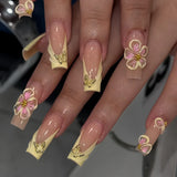 Shopmocho 24pcs Fresh Long Coffin Fake Nails Yellow French Style Flower Printed Metal Butterfly Designs Press On Nails Summer False Nail