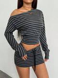 SHOPMOCHO Fashion Casual Sexy Asymmetrical Striped Shoulder Top And Mini Skirt Two-Piece Set for Women