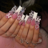 Shopmocho 24pcs Rhinestones Full Cover Nail Art Datachable Glitter French Press on Nails Tip Flower Long Square Fake Nail Pink False Nails
