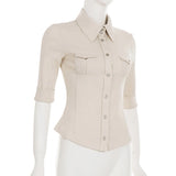 SHOPMOCHO Half Sleeve Button Up Shirts for Woman Clothing Japanese 2000s Style Y2k Tops Harajuku Fashion Blouse