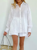 Shopmocho Wolfeel Casual Shorts Sets Striped Jacquard 2 Pieces Cozy Lapel Lantern Sleeve Shirt Summer Outfit Elastic Waist Shorts Suits