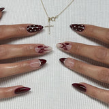 Shopmocho 24Pcs Mid-length French Almond Press on Fake Nails with Red Smudge Star Design False Nails Art Datachable Full Cover Nails Tips