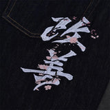 Shopmocho White Chinese Character Pattern Embroidery Pocket High Waist Loose Dark Straight Leg Jeans Y2K Men Women Retro Casual Streetwear