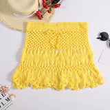 Shopmocho Handmade Crochet Hollow Out Swimwear Cover Up Solid Color Drawstring Short Skirt Women Holiday Knitting Sweet Beachwear