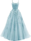 Shopmocho Tulle Spaghetti Straps Prom Dresses Long Lace Appliques Ball Gowns for Women