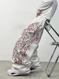 SHOPMOCHO Unisex White Red Tribal Flame Print Loose Wide Leg Jeans Y2K Grunge Streetwear Oversized Denim Pants