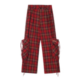 Shopmocho American Style Streetwear Large Pocket Red Plaid Work Casual Pants Women's Winter 2025 New Loose-Fit Wide-Leg Drag Pants
