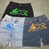 SHOPMOCHO Y2k American Retro Hip-Hop Printed Denim Shorts Summer Men And Women Fashion High Street Personalized Loose Straight Jeans