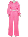 SHOPMOCHO Kliou Casual Sporty 2 Piece Set Woman Zip Cardigan Full Sleeve Hooded Crop Jacket+Elastic Waist Long Pants Daily Fashion Outfits