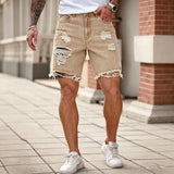 SHOPMOCHO Loose Hip-hop Denim Shorts Men's Streetwear Summer Ripped Hole Rock Biker Short Pants Fashion Khaki Knee-length American Jeans