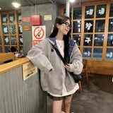 Shopmocho Retro American Plaid Splicing Hoodie Women's Spring Autumn New Oversize Loose Lazy Style Open Cardigan Coat Polyester Fiber