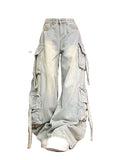 SHOPMOCHO Women's Blue Multi Pocket Cowboy Pants Cargo Y2K Japanese Harajuku Streetwear Aesthetics Retro 90S Jeans Pants Clothing 2025 New