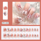 Shopmocho 24Pcs Gold Ripple Brown Flowers False Nails with Rhinestones Pearl Design Wearable Almond False Nails Full Cover Press on Nails