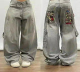 SHOPMOCHO 2025 New American Trend Retro Hip-hop Embroidery Pattern Baggy Jeans For Men And Women Y2K Harajuku Gothic Wide Pants Streetwear