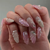Shopmocho Blue White French 3D Flower Shell Nail Art Summer Beach Fashion Almond False Nails Detachable Finished Fake Nails Press on Nails