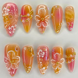 SHOPMOCHO 24pcs White Flower Fake Nail Tips Ins Yellow Pink Blush False Nails Wearable Full Cover European Almond Shaped Press on Nails