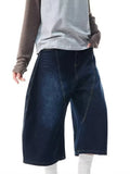 SHOPMOCHO Men's Women's 2026 Summer American Retro Embroidered Curved Denim Shorts Loose Wide Leg Capri Pants Streetwear Jeans