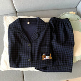Shopmocho Embroidery Dog Sweet Fashion Cute Pajamas Set for Women Plaid Lapel Neck Elastic Waist Design Pajamas Short New Casual Nightwear