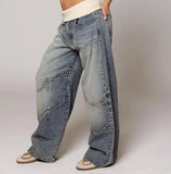 Shopmocho New Hip Hop Splice Fashion Basics Retro Jeans for Women's Simple Dressing Up Daily Necessary Wide Leg Pants Baggy Cargo Pants