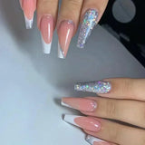Shopmocho 24Pcs Brown Long Coffin False Nails Glitter Ballet Wearable with French Design Fake nails Full Press on Nail Ins Nail Tips Art