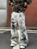 SHOPMOCHO 2026 American Retro Y2K Style Dirty Washed White Baggy Jeans Pants For Men Clothing Star Printed Straight Cotton Long Trousers