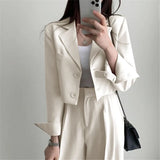 SHOPMOCHO Korean OL Short Suits Sets Women Casual Loose Crop Blazers Jackets Conjunto New High Waist Wide Leg Pants Ensemble Offcie Outfit