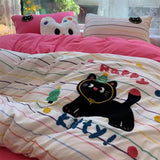 SHOPMOCHO Korean Style Bedding Set Green Strip Black Cat Embroidery Washed Cotton  Duvet Cover Cute Cardboard  Bed linen Comforter Sets