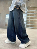 SHOPMOCHO Boy's loose-fit trendy rear pocket embroidered design denim straight-leg pants, comfortable stretch elastic waist.