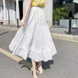 SHOPMOCHO-Casual Vintage Women Skirt Matching Chic Lady's White Skirt Sweet Girl's Cake Skirt Elastic Waist A-Line Mid Length Flare Skirt