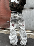 SHOPMOCHO 2026 American Retro Y2K Style Dirty Washed White Baggy Jeans Pants For Men Clothing Star Printed Straight Cotton Long Trousers