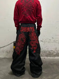 SHOPMOCHO American Retro Embroidered Pattern Hip-Hop Jeans Suitable for Both Men and Women Y2K Street Cool Floor Length Wide Leg Pants