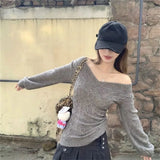 SHOPMOCHO Fashion Vintage V-neck Knitted Tops Women 2025 Early Autumn New Sweaters Pullover Slim Long Sleeve Pullovers Sexy Gray Jumpers