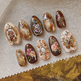 SHOPMOCHO 24pcs Flower Print Press on Nails Wine Red Blush Almond False Nail Tips Wearable Reusable Summer Spicy Girl Fake Nails
