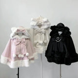 SHOPMOCHO Winter New Lolita Shawl Overcoat Women Design Bow Hooded Patchwork Kawaii Cope Coat Female Warm Chic Sweet Christmas Coat
