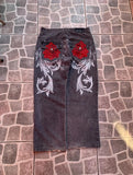 SHOPMOCHO Japanese Dragon Knitted Jeans Men Women Baggy Fit High Street Urban Casual Trendy Fashion Hip Hop Streetwear Daily Wear Style