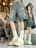 Shopmocho Women High Waist American Retro Washed Wide Leg Jeans Girls Street Do Old Star Loose Denim Pants Female Blue Knee Length Shorts
